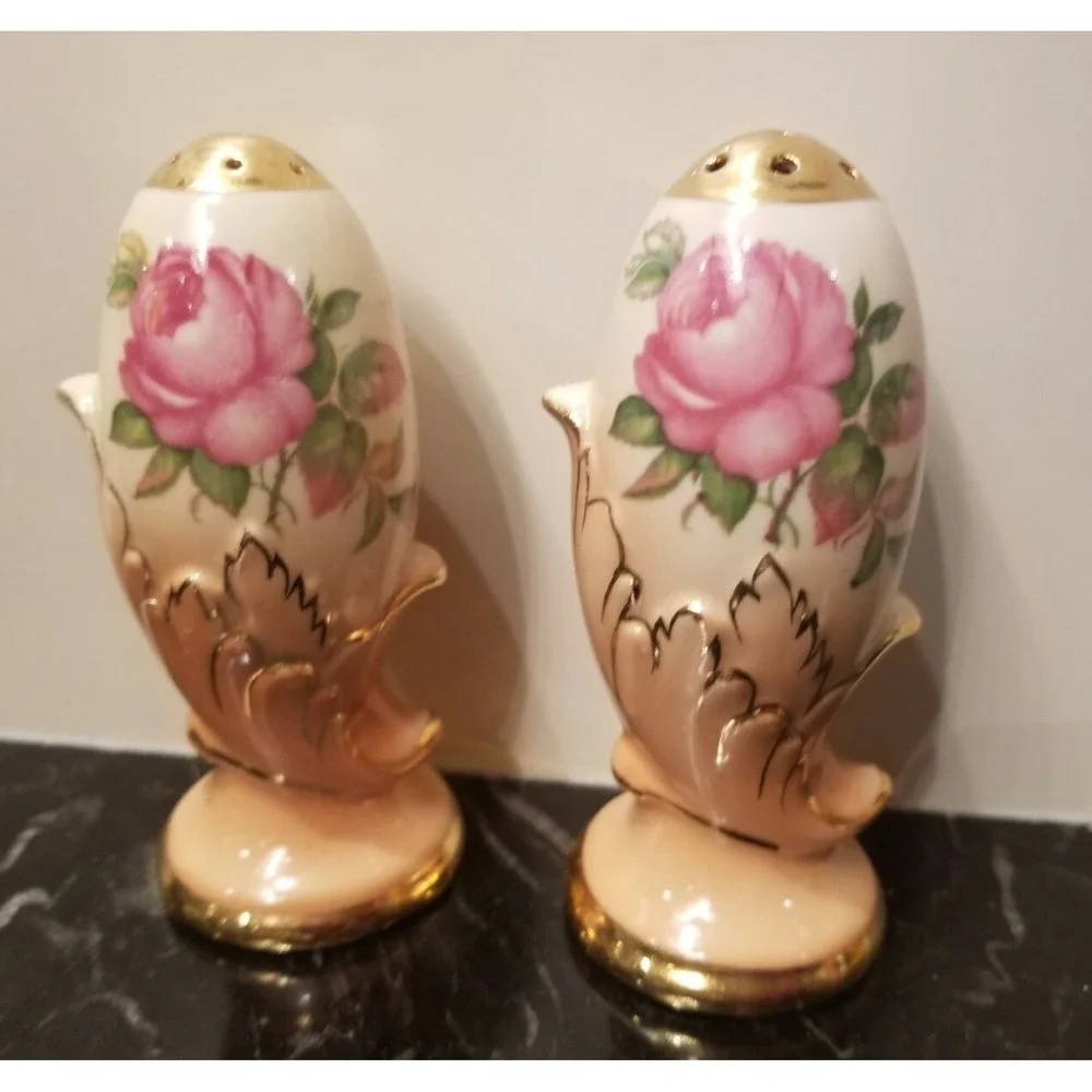 Vintage German Hand Painted Floral Salt and Pepper Shakers 4.25
